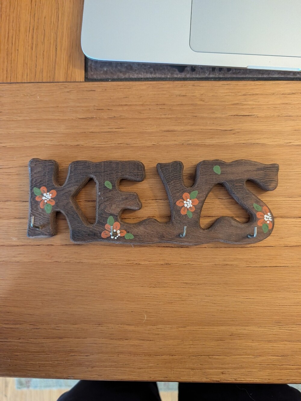Vintage 80s Wooden Folk Art Keys Holder Floral Rustic Decor Country Cottagecore